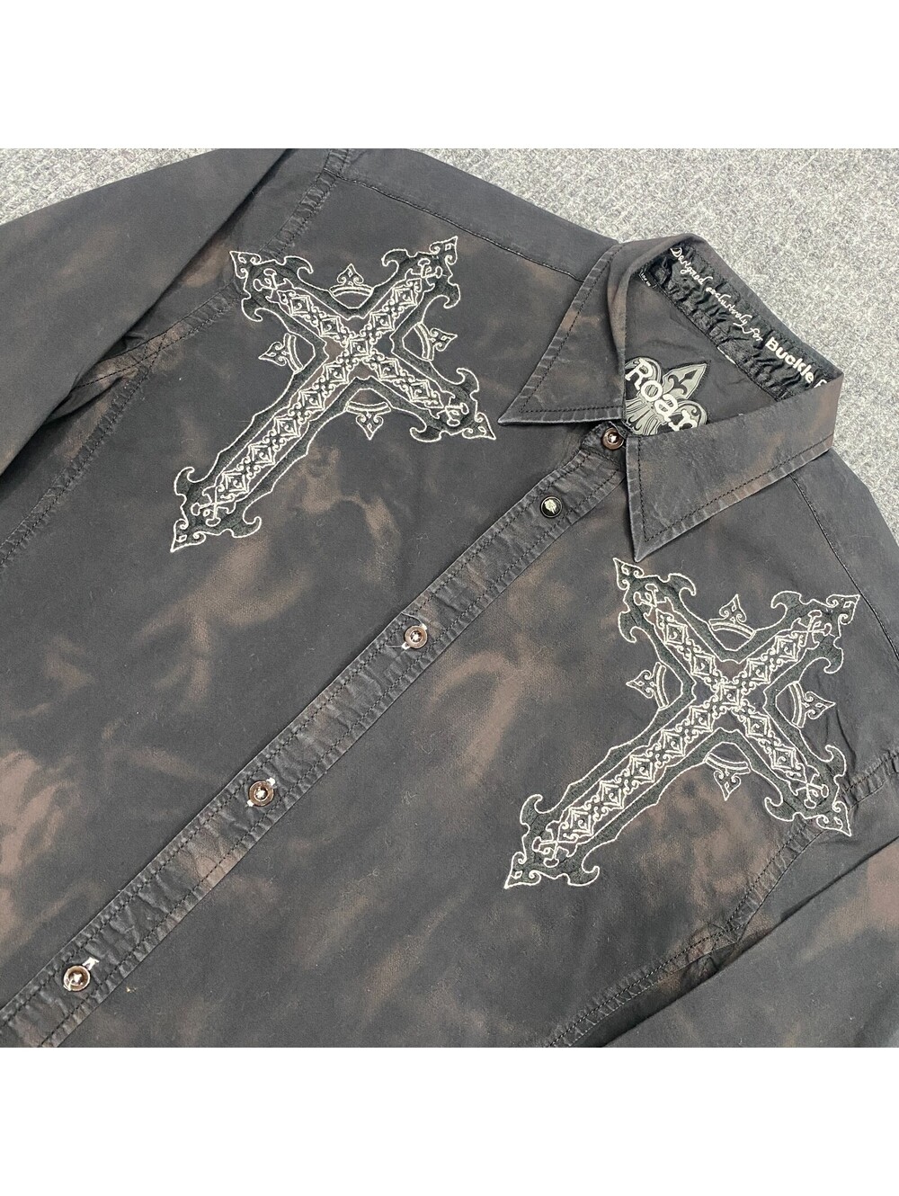 ROAR Bleach Black Embroidered Cross Shirt Mens M Button Up Grunge Goth Rock Y2K